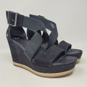 Ugg Sandals Womens 7 Black Calla Wedge Canvas Faux Suede Espadrille 1099708